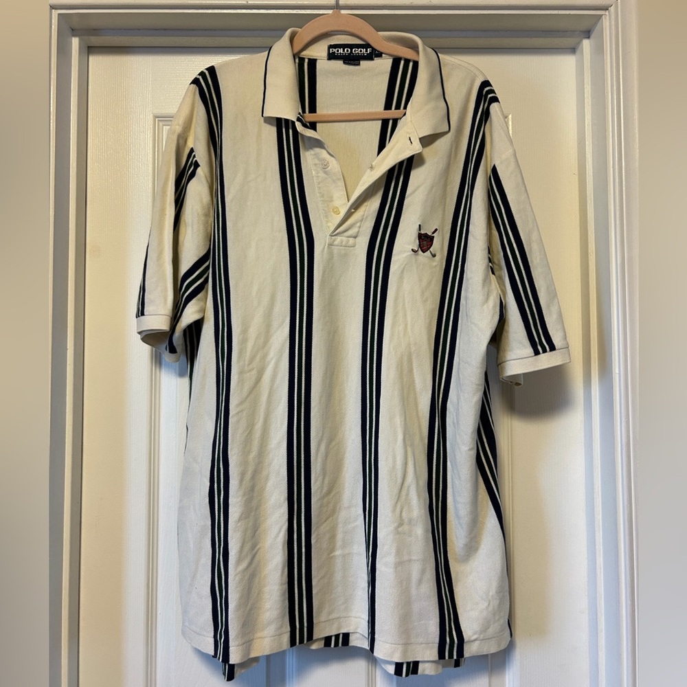 Vintage Men’s Ralph Lauren Striped Golf Polo Leaf & Shield Logo - Size XL